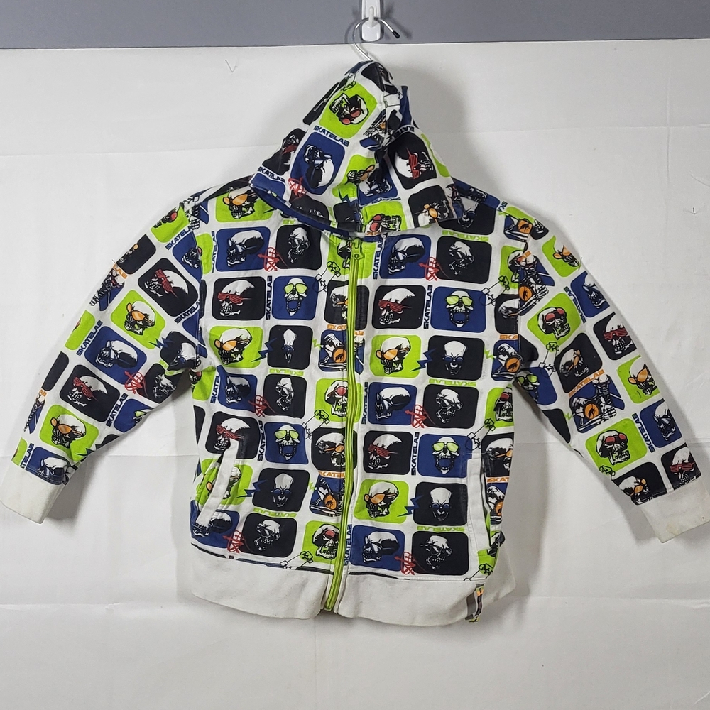Kids Skulls Graphic Zip Hoodie in White,Pockets Sz M